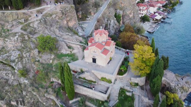 Aerial View of the Church of Saint Jovan the Theologian at Kaneo during Dusk - Ohrid, North Macedonia