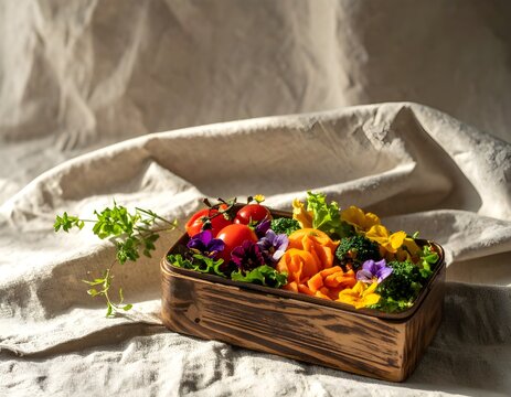 Wooden bento box filled with fresh vegetables, cherry tomatoes, broccoli, lettuce, carrot ribbons, and vibrant edible flowers