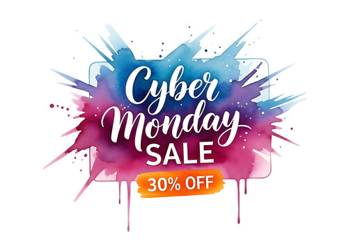 Vibrant watercolor splash with cyber monday sale text and 30 percent off discount isolated on transparent background
