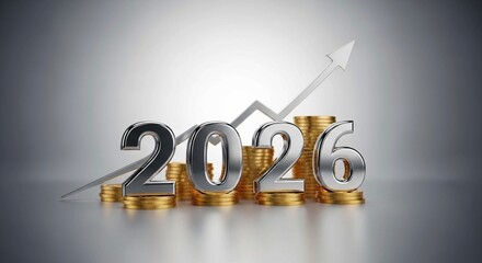 Metallic “2026” with Upward Silver Arrow on Stacked Gold Coins Representing Future Financial Growth and Investment Success