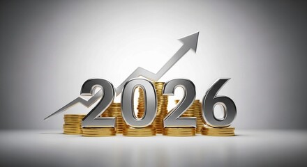 Metallic “2026” with Upward Silver Arrow on Stacked Gold Coins Representing Future Financial Growth and Investment Success