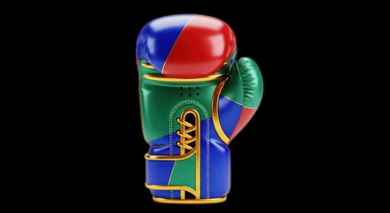 Colorful Boxing Glove with Gold Trim on Black Background.