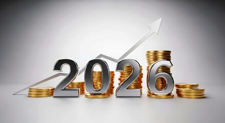 Metallic “2026” with Upward Silver Arrow on Stacked Gold Coins Representing Future Financial Growth and Investment Success