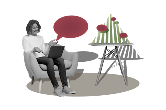 Creative collage picture young man remote worker job online communication chatting speech video call interior room furniture