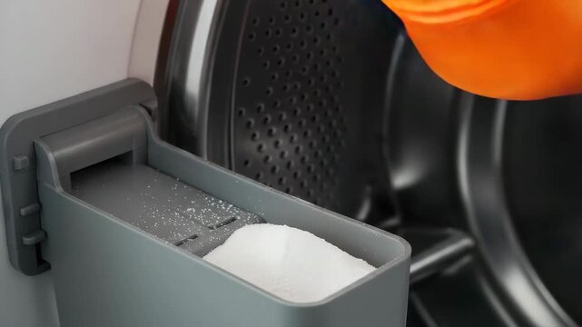 Detergent falling into washing machine, powdered cleaning product for laundry routine. Household task with white appliance, modern cleaning and hygiene at hom