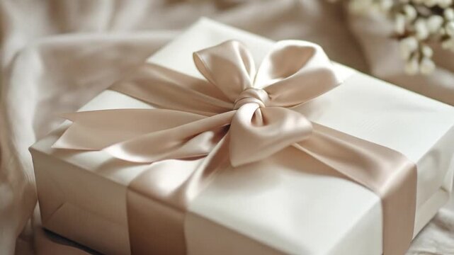 Elegant white gift box with satin ribbon bow on soft textured fabric background neutral tones soft lighting luxury surprise present occasion celebration gift-giving
