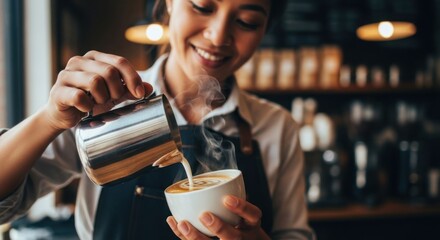 Celebrating small business saturday with a barista crafting a perfect cup of coffee in a cozy cafe setting