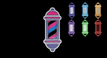 Colorful Barber Pole Illustrations on Black Background.