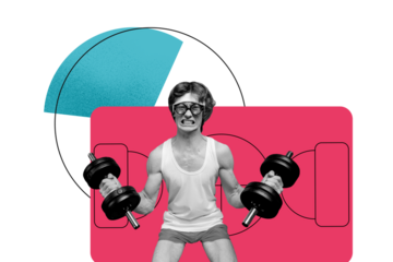 Composite photo collage of serious young sportsman pump biceps hold heavy dumbbell effort bodybuilding isolated on painted background