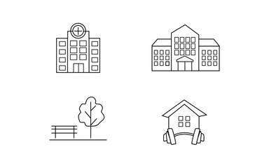 line icons featuring a hospital, school, park with tree and bench, and a house buildings with headphones. community services, healthcare, education concepts. illustration vector file, high quality pic