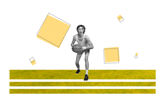 Collage 3d image of pinup pop retro sketch of young man play basketball olympic games sport event concept bizarre unusual fantasy billboard