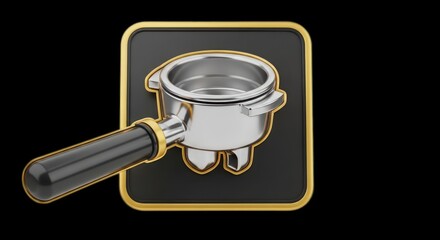 Shiny metallic espresso machine portafilter on a black background.