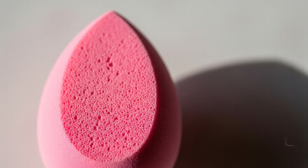 Pink teardrop makeup sponge macro on white background with shadow.
Extreme close-up, macro shot of the pointed tip of a vibrant pink, teardrop-shaped beauty blender or makeup sponge