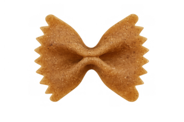 Single whole wheat farfalle pasta bow tie shape uncooked ingredient, brown color and rough texture, transparent background