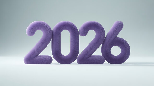 Violet 2026 numbers with fur. 3d design element isolated on white background.