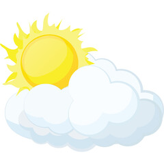 Cartoon Sun Behind White Fluffy Cloud on Transparent Background With Rays Of Light Shining Bright Yellow And White Colors