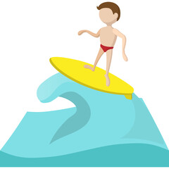 Cartoon Surfer Man Riding Yellow Surfboard on Blue Wave in Ocean Water Sport Theme Flat Vector Illustration