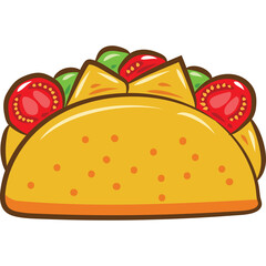 Cartoon Taco With Golden Shell Filled With Tomatoes Lettuce And Cheese On A Transparent Background