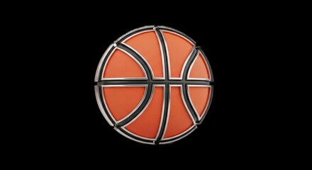 Stylized basketball icon with a metallic outline on a solid black background.