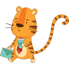 Cartoon Tiger Walking with Briefcase and Coffee Cup Wearing a Tie and Shirt in a Business Style