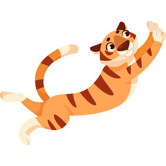 Cartoon Tiger Jumping Mid Air With Open Paws and Stripes on Orange Fur White Background