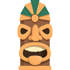 Cartoon Tiki Idol Face with Open Mouth and Tribal Headdress in Orange Brown and Green Colors Isolated on White Background