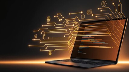 Abstract digital laptop computer with circuit board overlay on dark background - Powered by Adobe