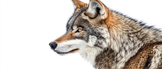 Obraz premium Portrait of a wolf with an attentive gaze on a white background - for articles about wildlife, ecology, wildlife, strength and survival.
