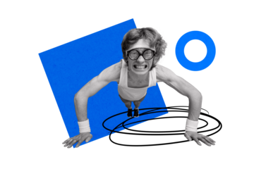 Composite photo collage of nerd guy do push ups exercise stand plank fitness pump biceps sporty lifestyle isolated on painted background