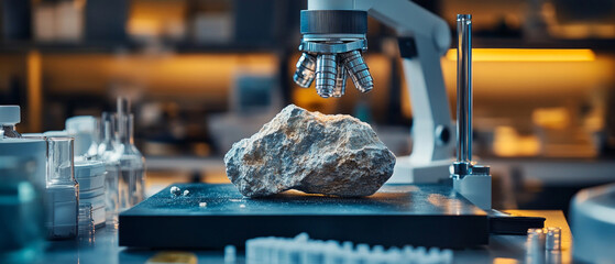 Microscope studies rock in the lab, state of the art equipment and test tubes on the table. Ideal for scientific papers, educational materials about geology or laboratory research.
