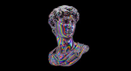 Glitch Art David Bust - Digital Sculpture with Colorful Distortions on Black Background.