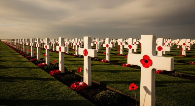 Remembrance day tribute with poppy-accented crosses in a war cemetery scene