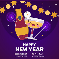 Happy New Year Celebration Posters with Champagne and Festive Decorations