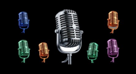 Retro Microphones Collection on Black Background.