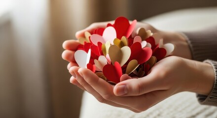 Heartfelt gesture with paper hearts in hands for valentine's day design and craft inspiration