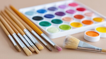 Colorful Watercolor Brushes and Paint Palette