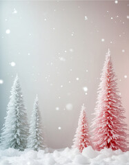 Pastel winter scene with flocked Christmas trees (pink/icy white) in snow. Soft, dreamy background with falling snowflakes and ample copy space.