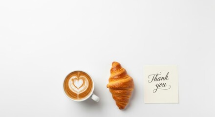 Morning gratitude scene with coffee latte, croissant, and thank you note for heartfelt gestures and appreciation