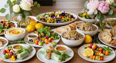 Colorful vegetarian feast with fresh spring rolls, quinoa bowls, hummus, and floral decor for a vibrant party spread