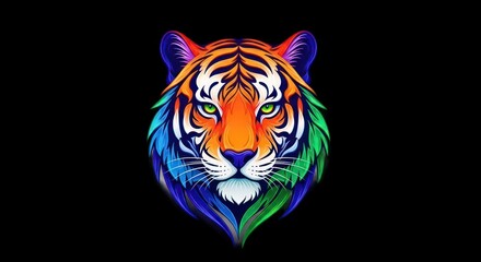 Vibrant Rainbow Tiger Head Illustration on Black Background.