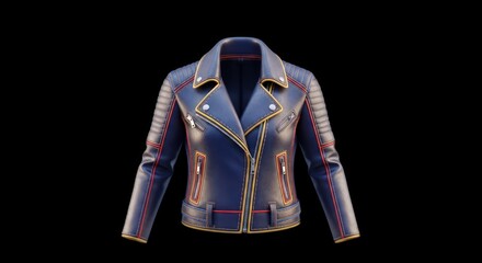 Stylish Blue Leather Jacket with Gold Accents on Black Background.
