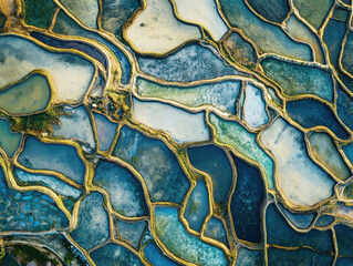 The vibrant, colorful patterns of terraced rice fields create a mesmerizing mosaic. The reflection of water in the fields showcases shades of blue, green, and yellow under a clear sky.