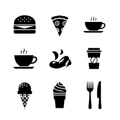 Food Icons Collection Burger Pizza Coffee Ice Cream and Cutlery.