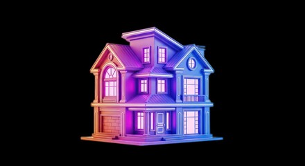 Neon Lit Two-Story House Illustration on Black Background.