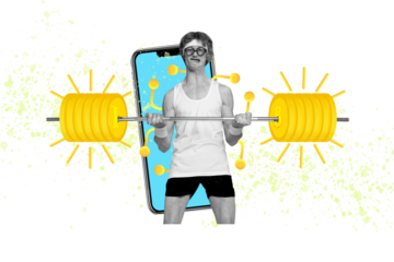 Creative trend collage of funny sportsman bitcoin earning money currency golden coins lifting barbell weird freak bizarre unusual fantasy