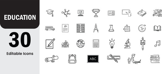 Collection of 30 simple line art icons representing education and learning concepts