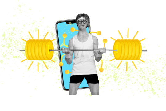 Creative trend collage of funny sportsman bitcoin earning money currency golden coins lifting barbell weird freak bizarre unusual fantasy - Powered by Adobe