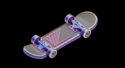 Futuristic purple and blue skateboard 3D model isolated on a black background.