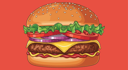 Illustrated burger with tomatoes, cheese, onion, lettuce on red