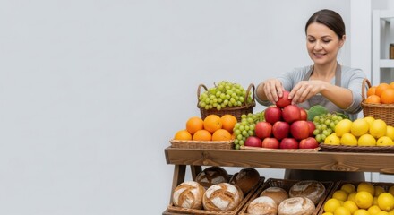 Fruit market display with woman arranging fresh apples, oranges, and grapes on rustic wooden stand for grocery presentation